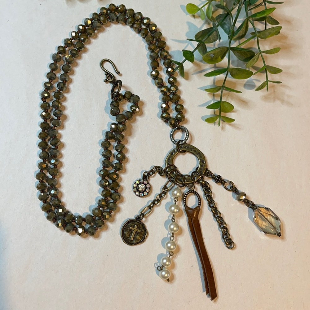 Vintage Multi-Charms Necklace with Pearls and Crystals